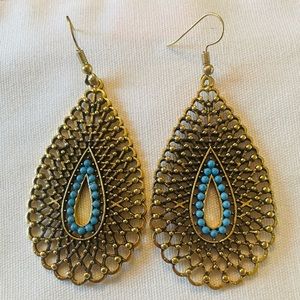 Lightweight large antique gold/brass and turquoise hanging earrings